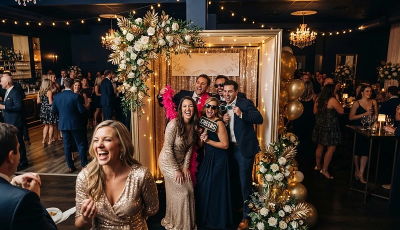 Guests celebrating at an evening reception beside a photo booth