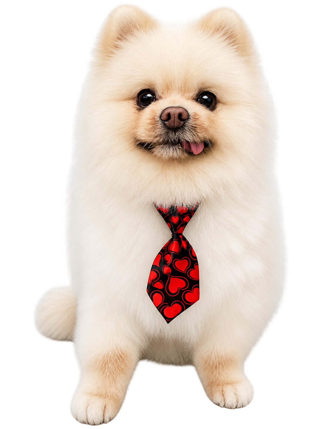 Mr. Lil Guy, a rescue Pomeranian wearing a heart-patterned tie