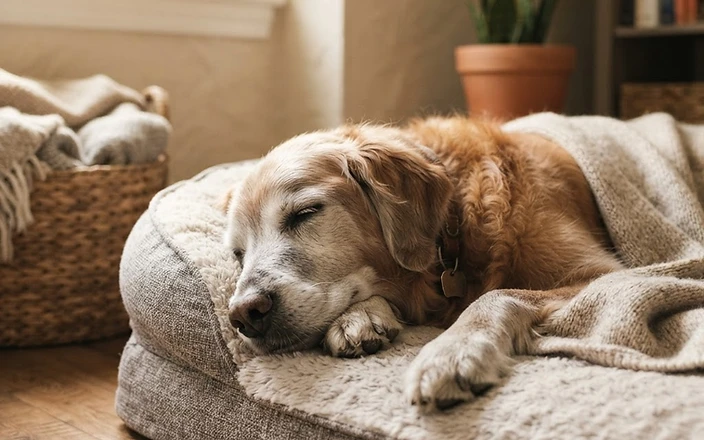 A senior dog resting comfortably on a soft bed, illustrating senior dog joint care and comfortable aging at home