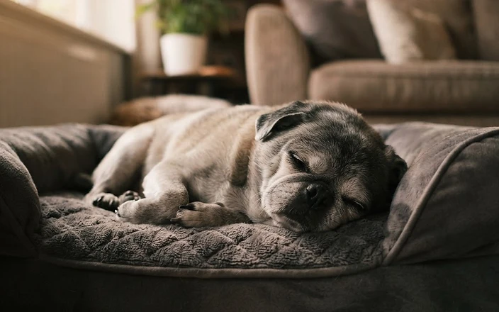 A senior pug relaxing on supportive bedding, showing how comfortable rest helps senior dog mobility and joint care