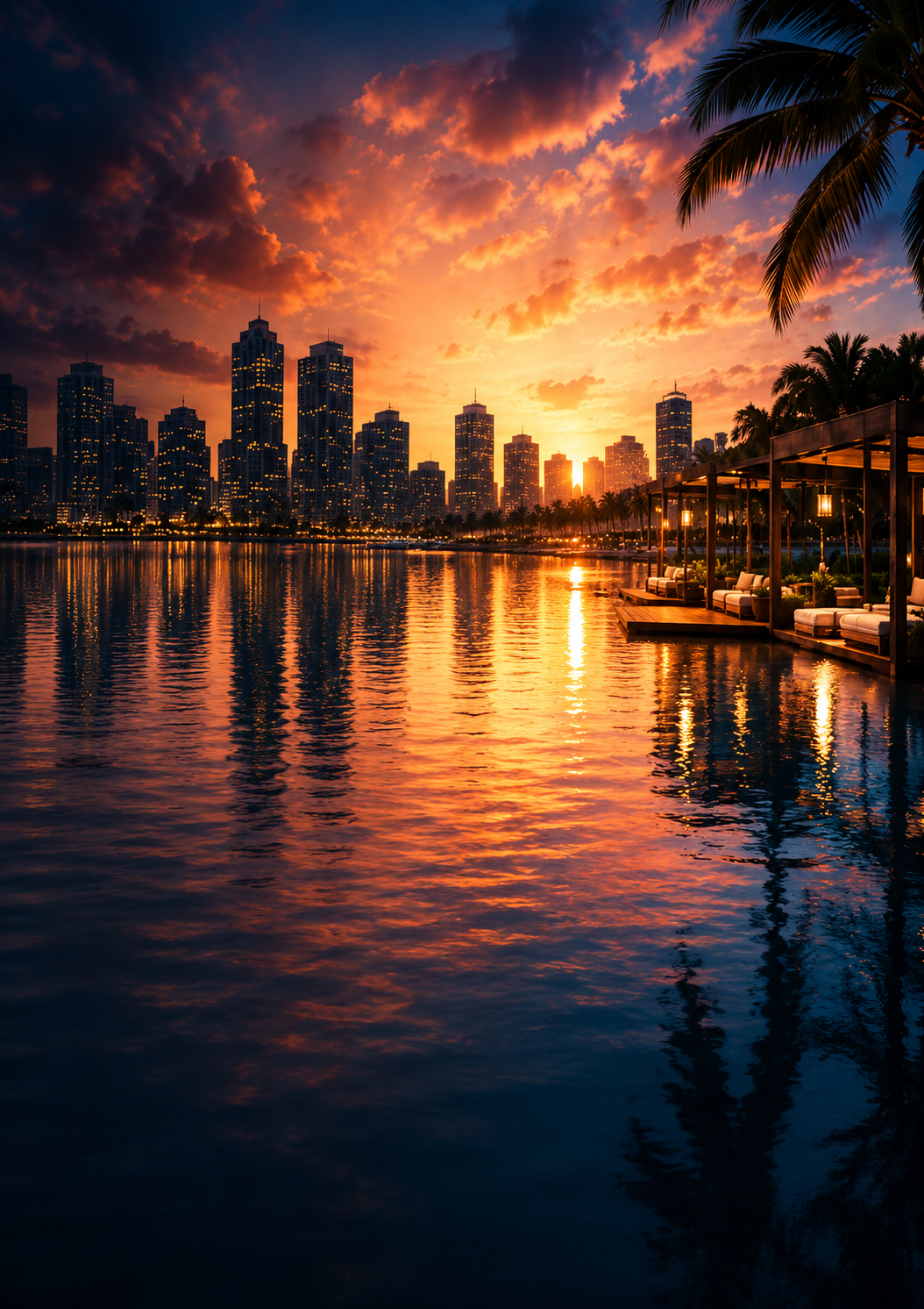 City skyline at sunset reflected in the water