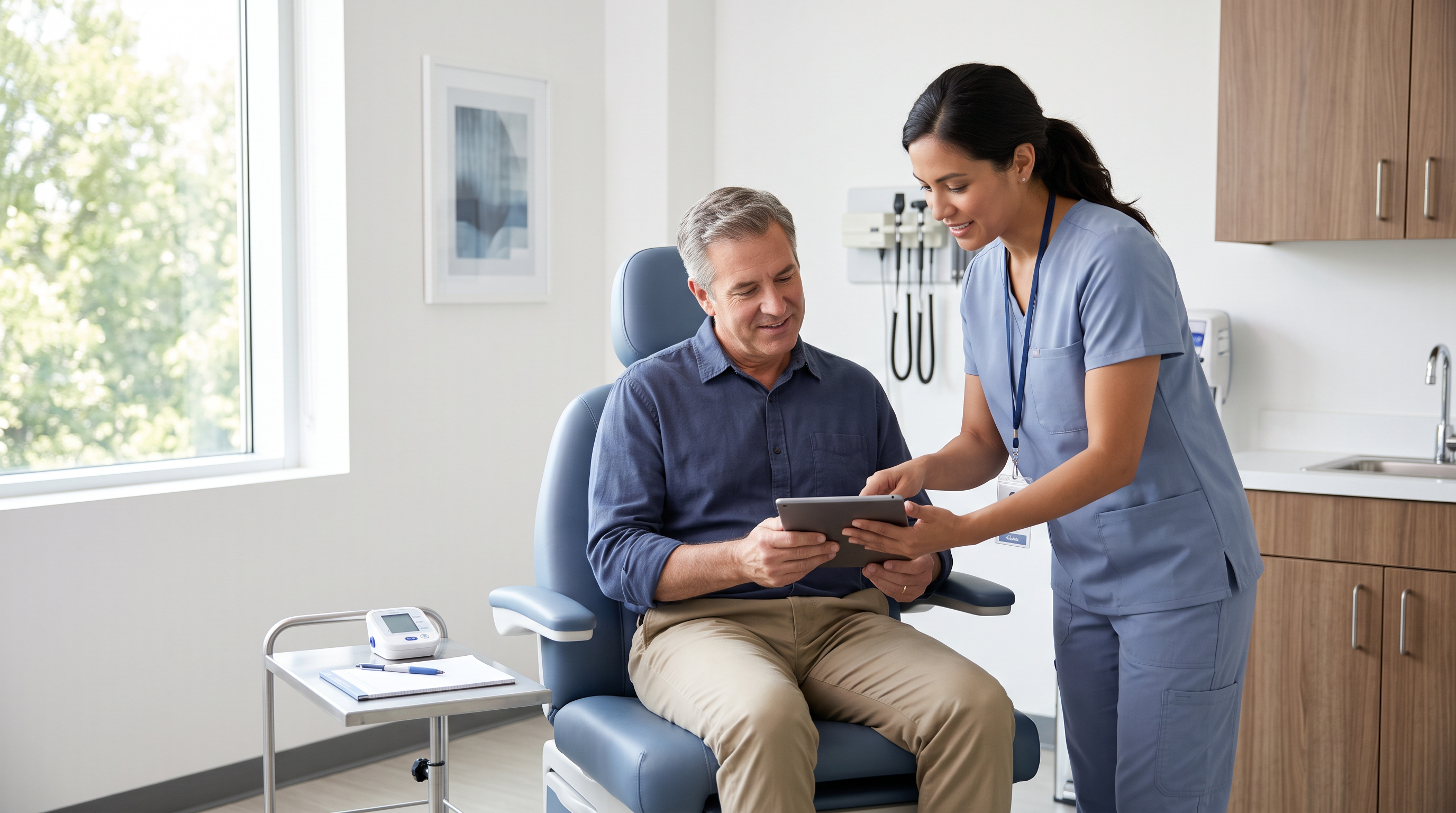 Provider reviewing a tablet with a patient in a modern exam room