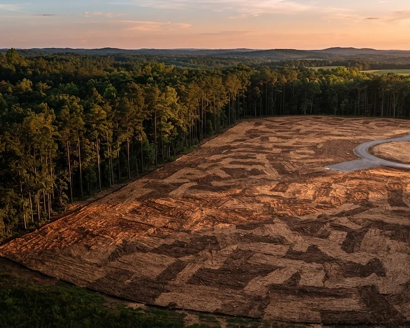 A pristine cleared property at golden hour showing fresh mulch