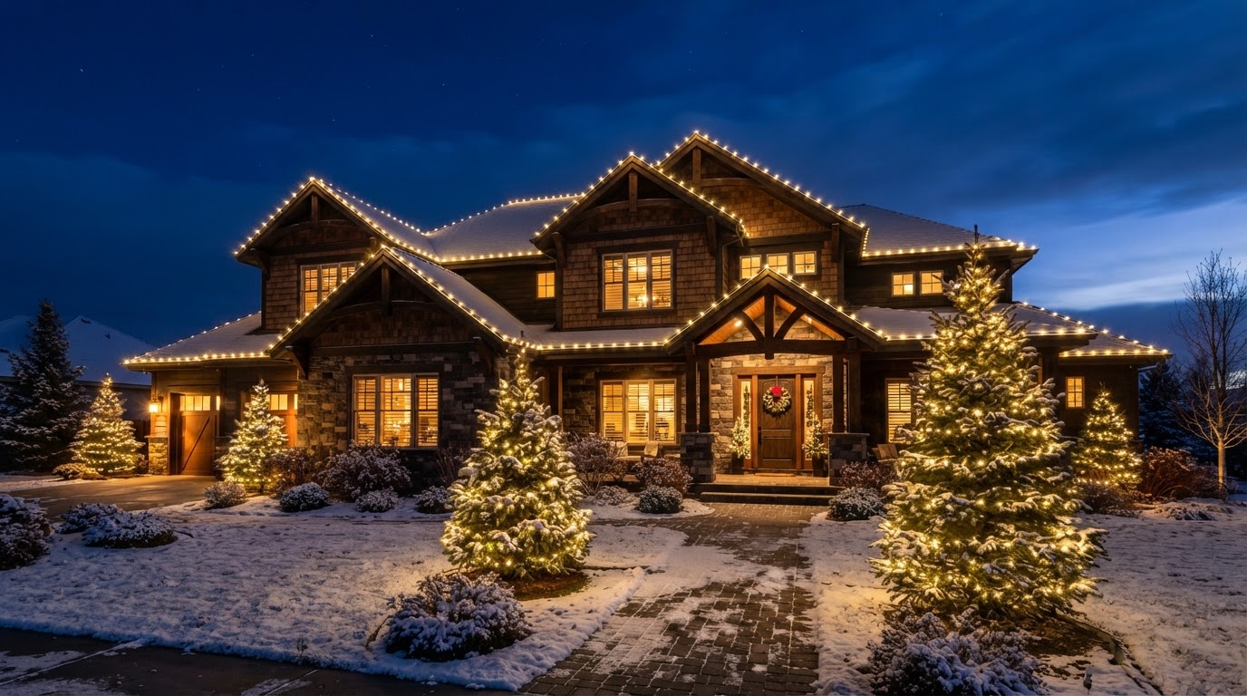Luxury Idaho home with professional C9 holiday lighting at night