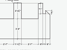Cross-section A-A of the fountain showing pillar heights, base depth, and pitched-beam profile at half-inch scale