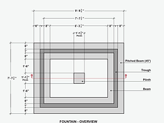 Dimensioned top-down plan of the fountain showing pitched beam, trough, beam, and central plinth with section line B-B