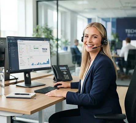 AI virtual receptionist answering calls at a modern desk