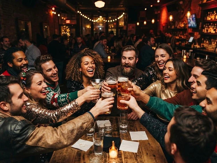 A large group celebrating a private Detroit bar crawl