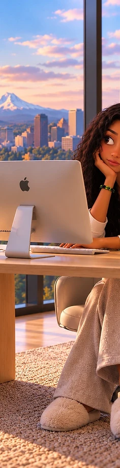 Matcher at her desk overlooking the city at sunset