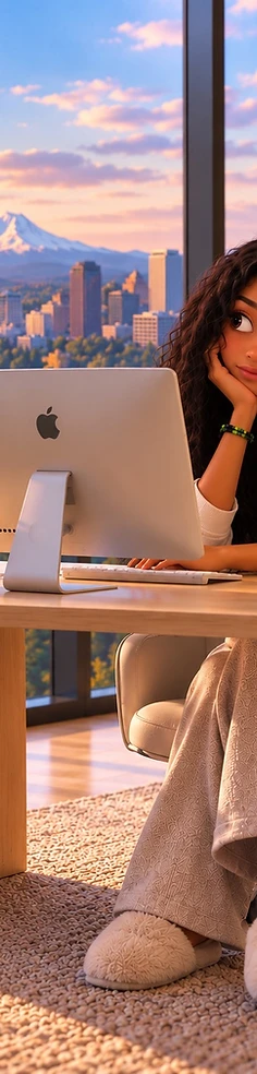 Matcher at her desk overlooking the city at sunset