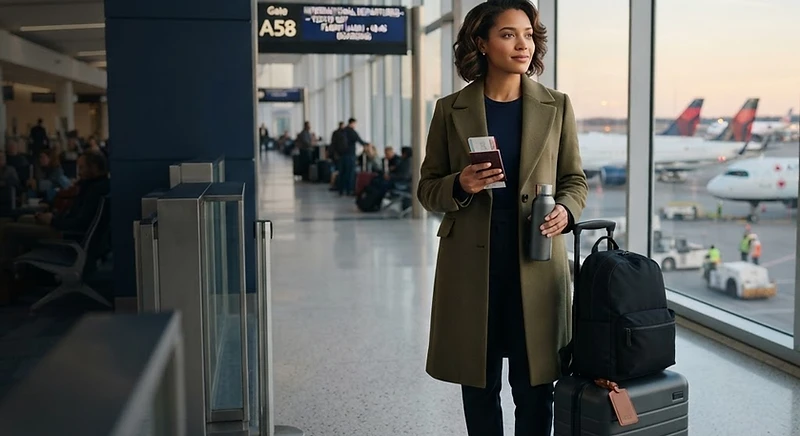 Traveller preparing for an international trip at a modern airport