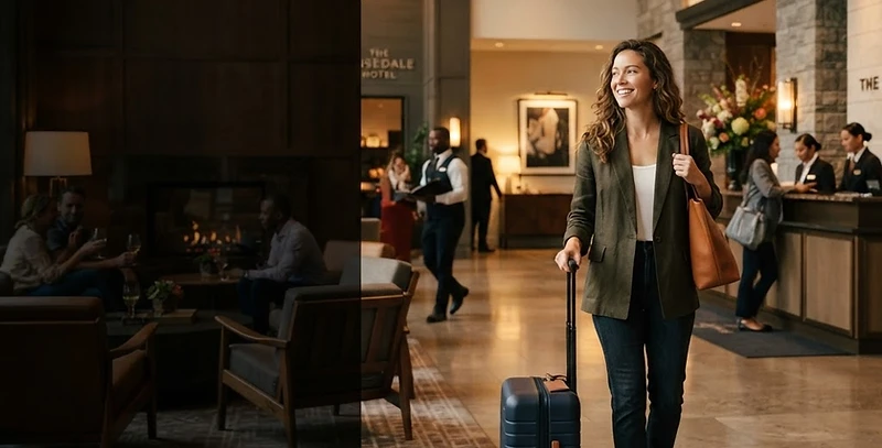 Traveller arriving at a welcoming hotel lobby