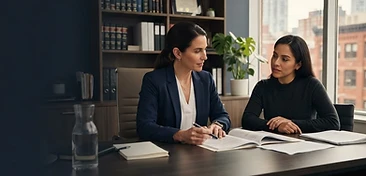 Criminal defence attorney meeting with a client in a modern law office