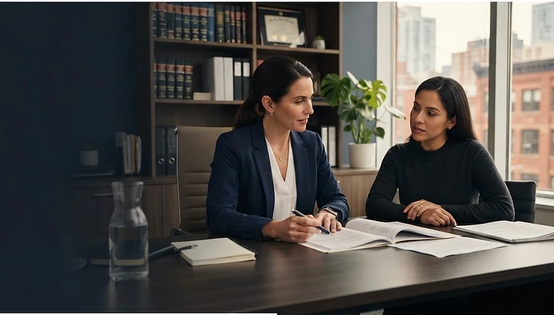 Criminal defence attorney meeting with a client in a modern law office