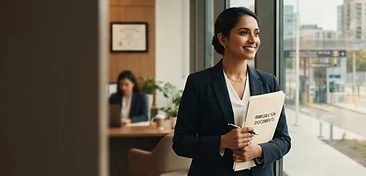 Person with documents in a modern immigration consultation office