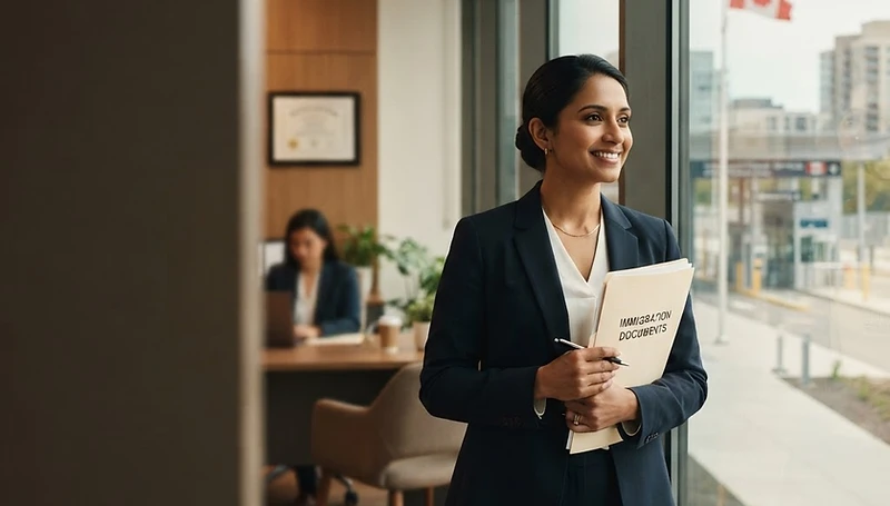 Person with documents in a modern immigration consultation office