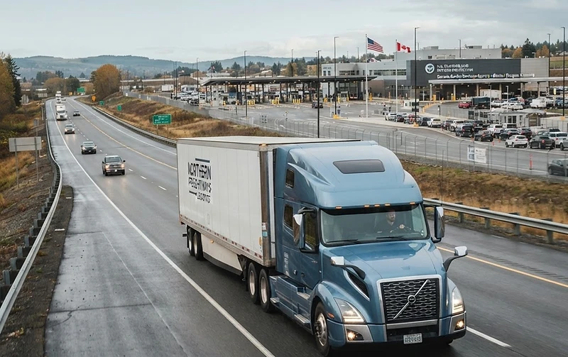 Commercial truck traveling toward an international border crossing