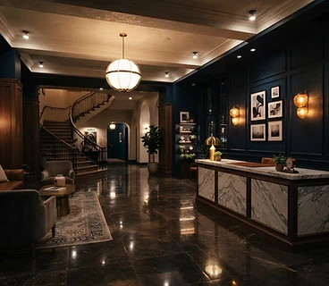 Boutique hotel lobby with warm amber lighting
