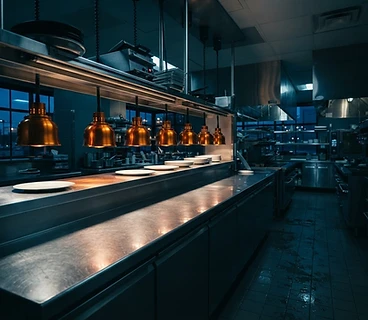 Polished stainless steel restaurant kitchen pass