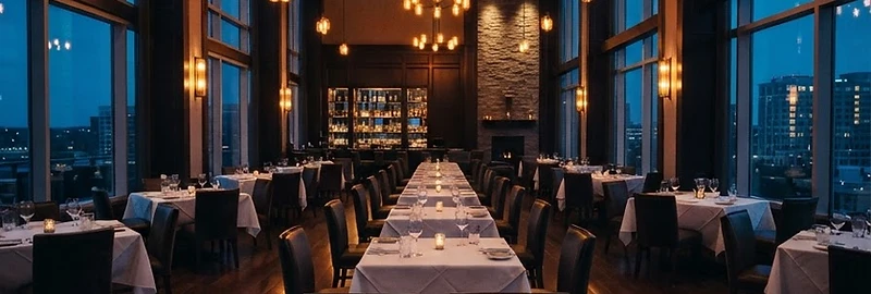 Empty upscale New Jersey restaurant dining room at dusk