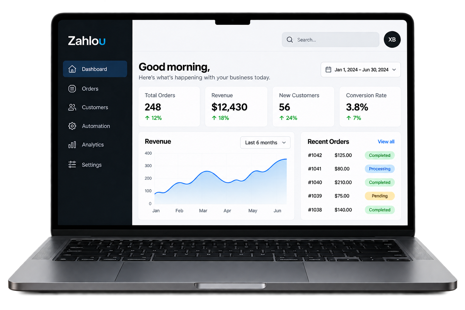 Laptop showing the Zahlou dashboard with total orders, revenue, new customers, conversion rate, a revenue chart and recent orders