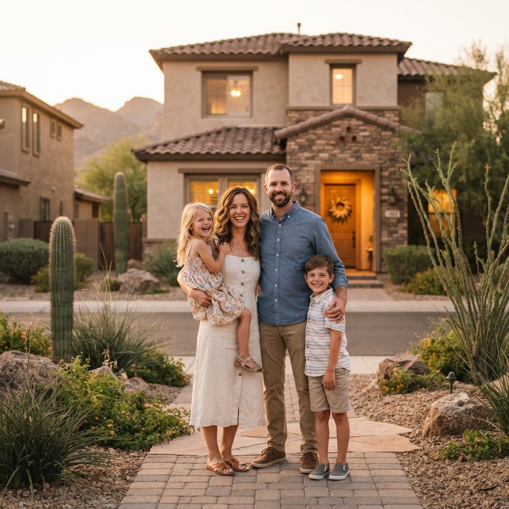 Happy family in front of their Arizona home