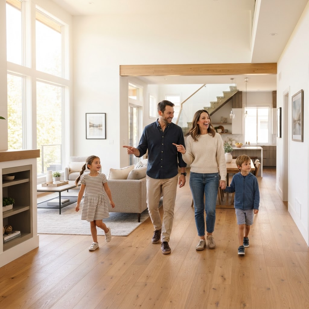A family walking through a home during a tour