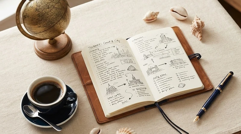 An elegant travel planner's desk with a notebook, globe, and coffee