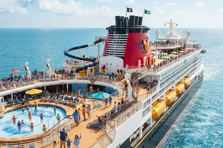 A Disney Cruise Line ship with Mickey funnel at sea