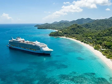 Cruise ship anchored in Caribbean turquoise water