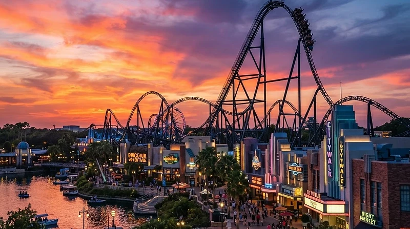 A Universal Studios-style theme park at dusk with a roller coaster