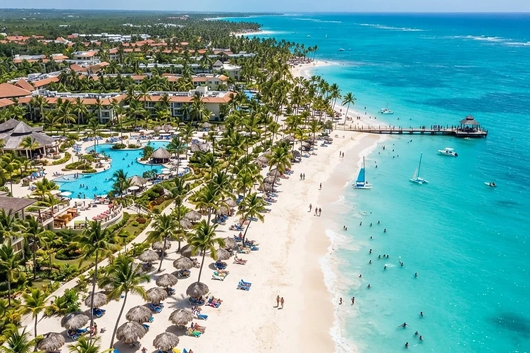 Punta Cana, Dominican Republic palm-lined beach with turquoise ocean and resort