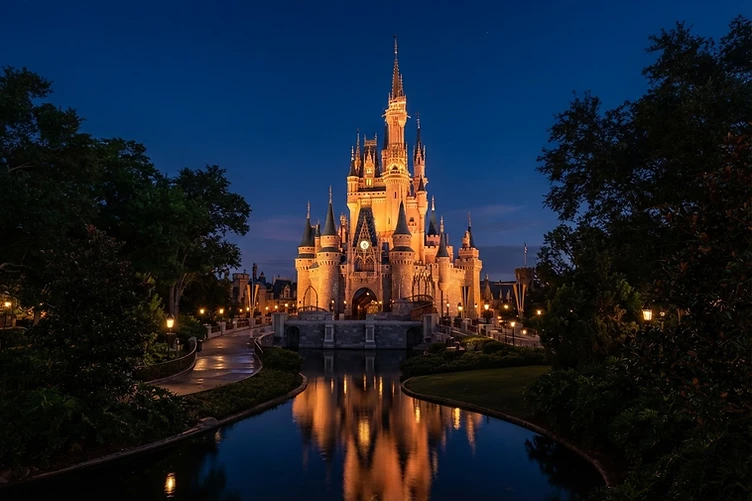 Themed landmark at dusk glowing with warm lights