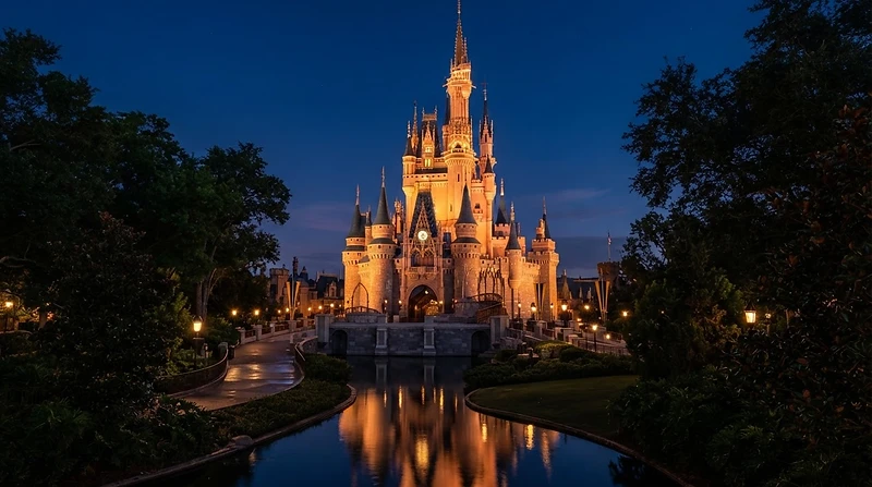 A themed landmark at dusk glowing with warm lights