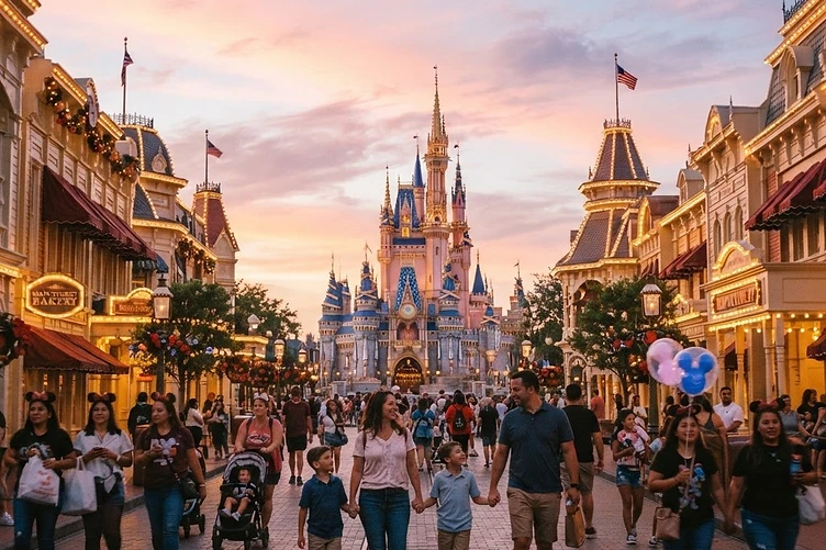 A fairytale castle at a Disney-style theme park at sunset