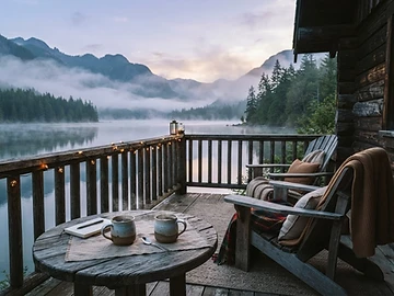 Cozy cabin porch overlooking a misty mountain lake