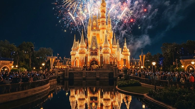 A grand Disney-style castle at night with fireworks