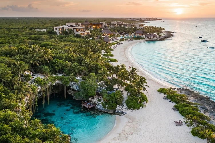 A white sand beach in Riviera Maya, Mexico with turquoise water and a luxury resort