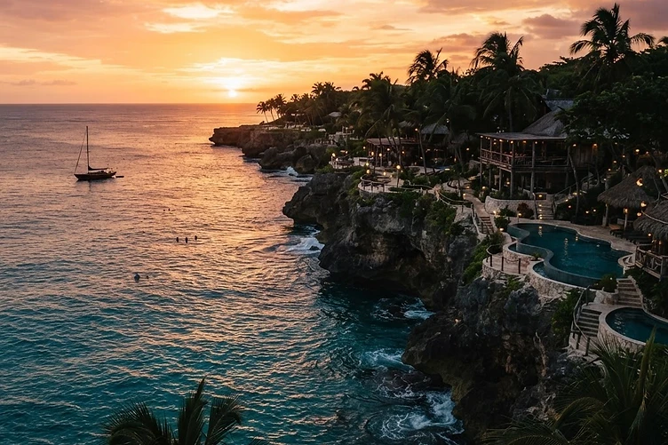 Negril, Jamaica cliffs above turquoise water at sunset with a boutique resort