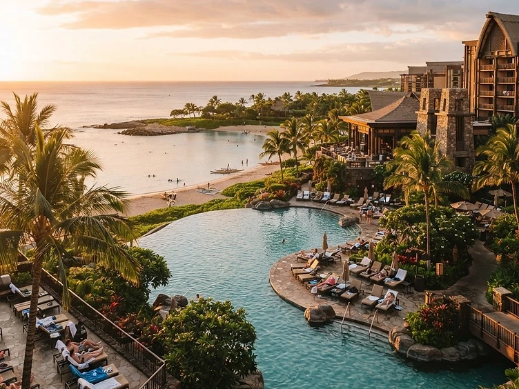 Aulani Disney Resort infinity pool overlooking a Hawaiian lagoon at sunset