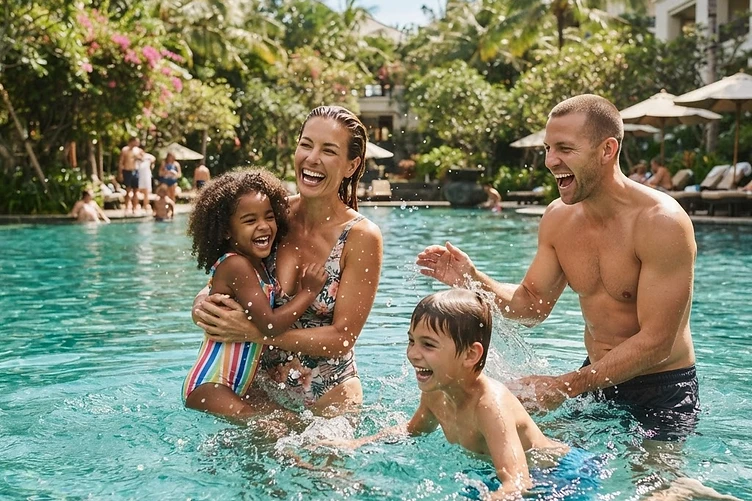 A family enjoying a resort pool together on a sunny day