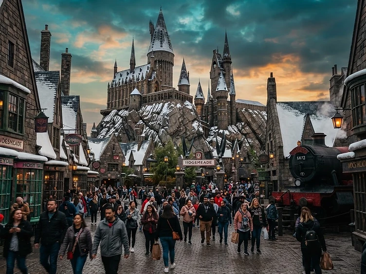 Universal Islands of Adventure with a wizarding castle spire
