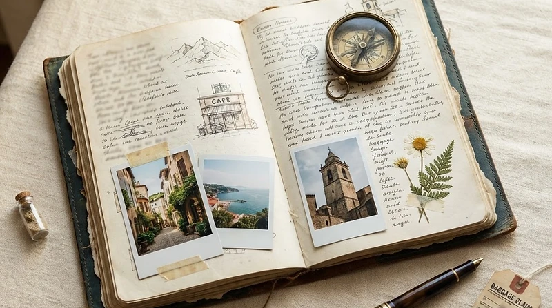 An open travel journal with handwritten notes and travel photos