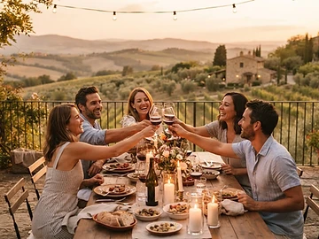 Friends toasting wine glasses at a vineyard terrace