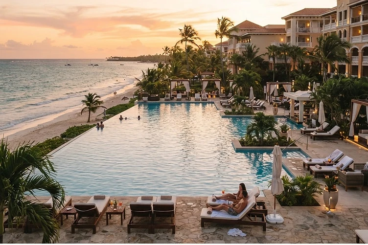A Riu-style all-inclusive resort with an infinity pool overlooking a tropical beach