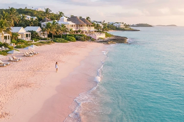 A pink sand beach in the Bahamas with turquoise water and a luxury resort