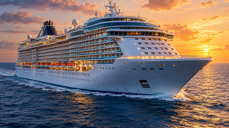 A modern cruise ship sailing the ocean at golden hour sunset