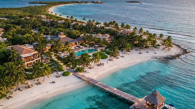 A turquoise Caribbean beach with a luxury resort and palm trees at golden hour