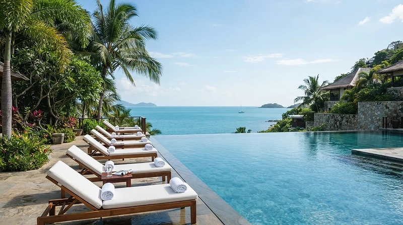 A resort infinity pool overlooking a tropical ocean