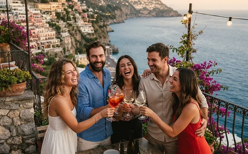 A group of friends celebrating together on a rooftop overlooking the coast at golden hour